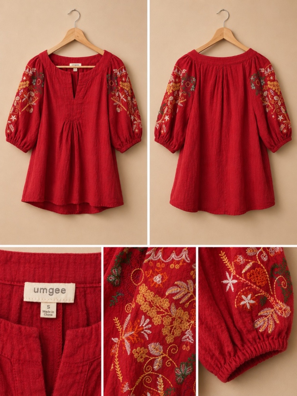Umgee Red Embroidered Boho Peasant Tunic Top Size Small